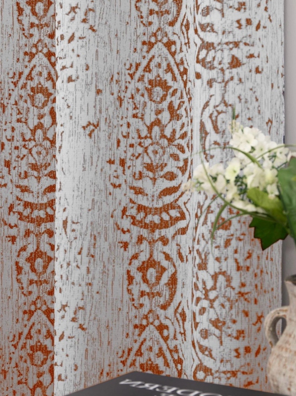 Rust Medallion Pattern Window Curtain Panel - White and Rust - Picture 6 of 10